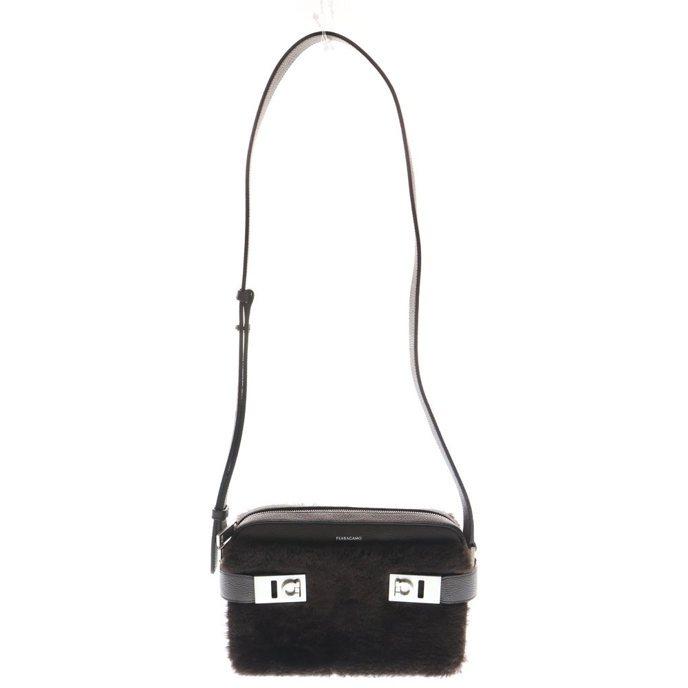 FERRAGAMO(フェラガモ) ガンチーニ ファー レザー コンビ ショルダーバッグ クロスボディバッグ カバン ブラウン