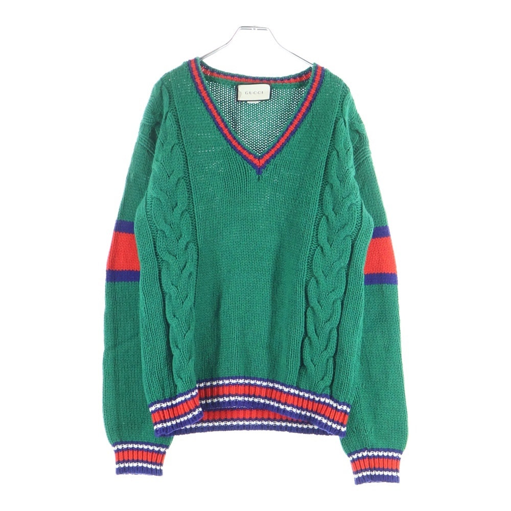 GUCCI(グッチ) 20SS Wool V Neck Cable Knit Sweater ウールVネックケーブルニットセーター 長袖ニットセーター 599310 グリーン