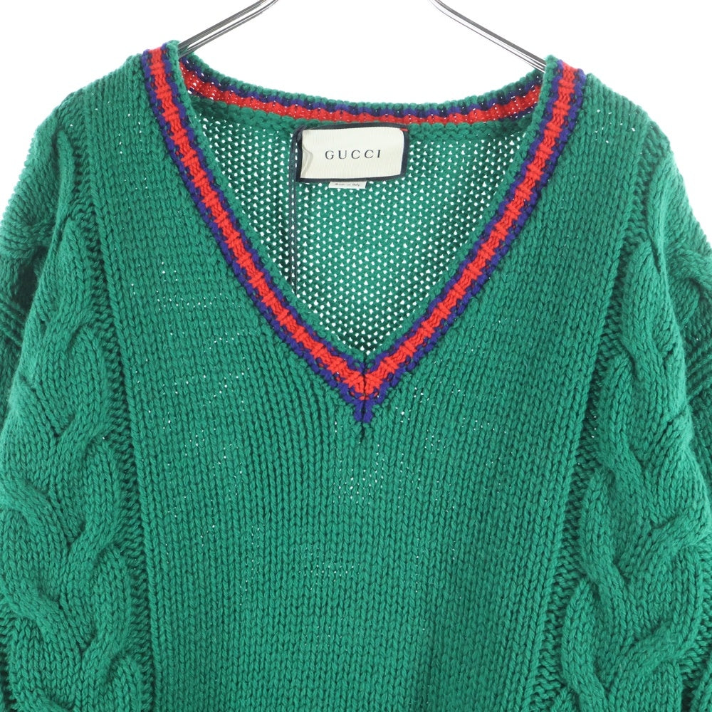 GUCCI(グッチ) 20SS Wool V Neck Cable Knit Sweater ウールVネックケーブルニットセーター 長袖ニットセーター 599310 グリーン