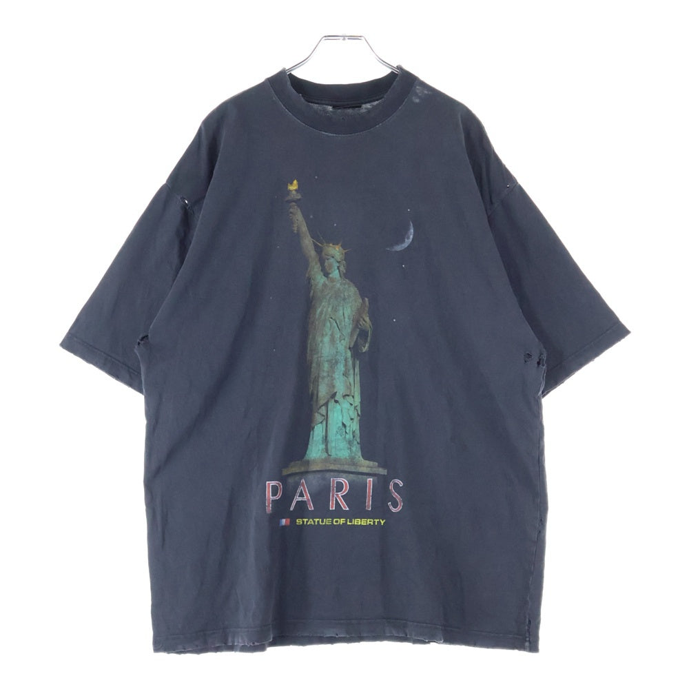 BALENCIAGA(バレンシアガ) 24AW PARIS LIBERTY ヴィンテージ加工自由の女神プリント半袖Tシャツ ブラック 764235 TQVR9