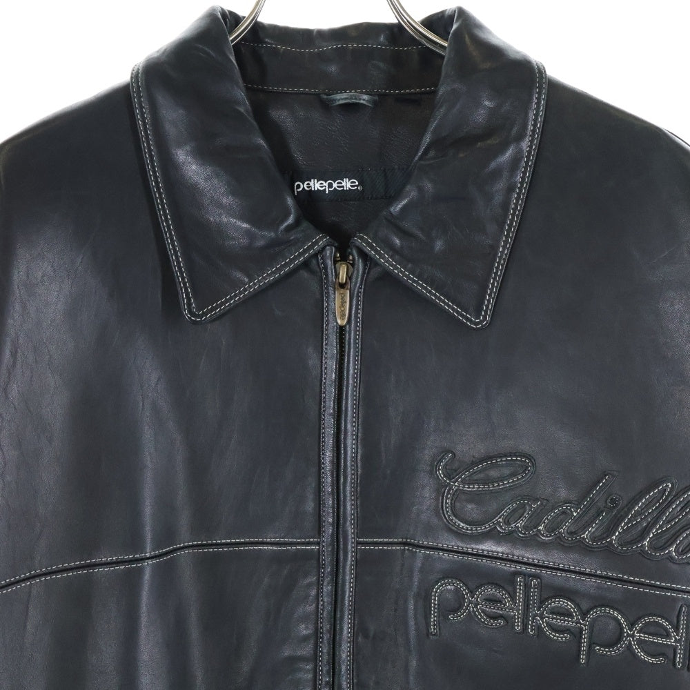 pelle pelle(ペレペレ) CADILLAC キャデラック ロゴ刺繍 ジップアップラムレザー バーシティージャケット ブラック
