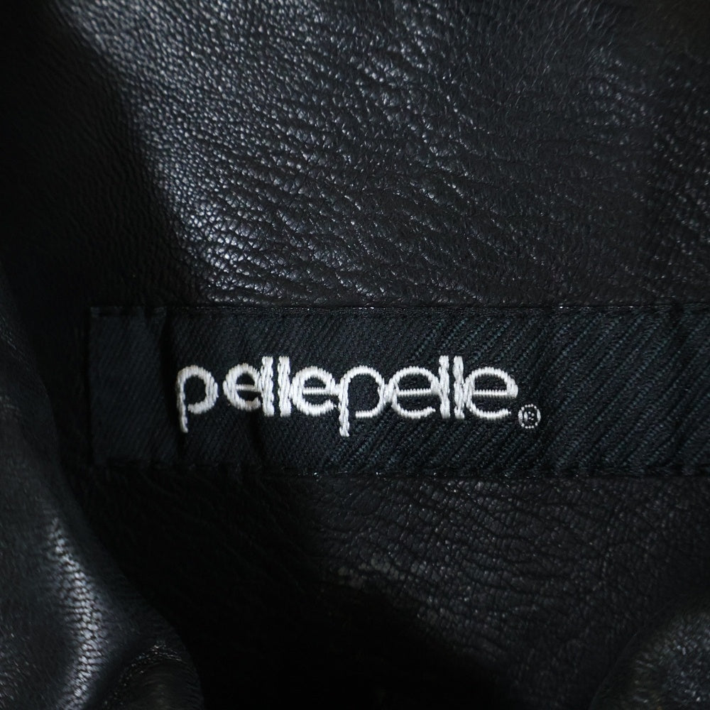 pelle pelle(ペレペレ) CADILLAC キャデラック ロゴ刺繍 ジップアップラムレザー バーシティージャケット ブラック
