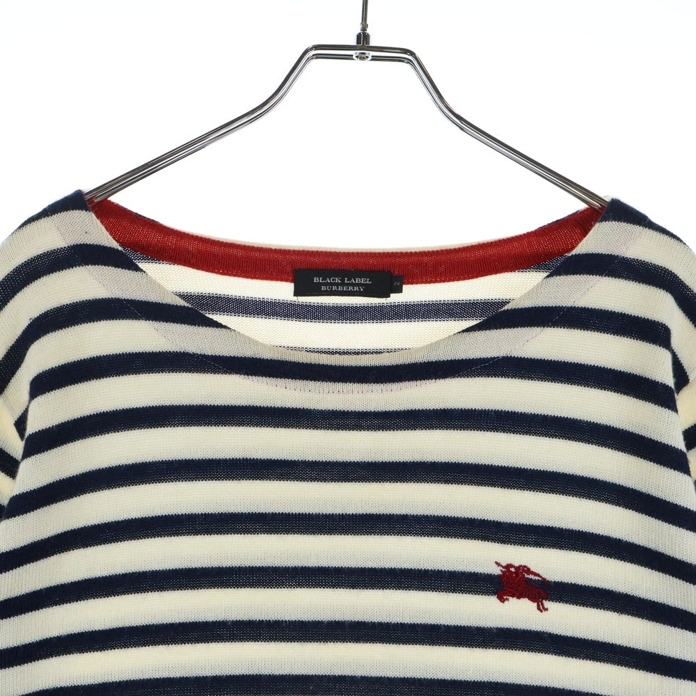 BURBERRY BLACK LABEL(バーバリー ブラックレーベル) ウール ボーダー ロゴ刺繍 ニット セーター ホワイト/ネイビー D1N08-807-02