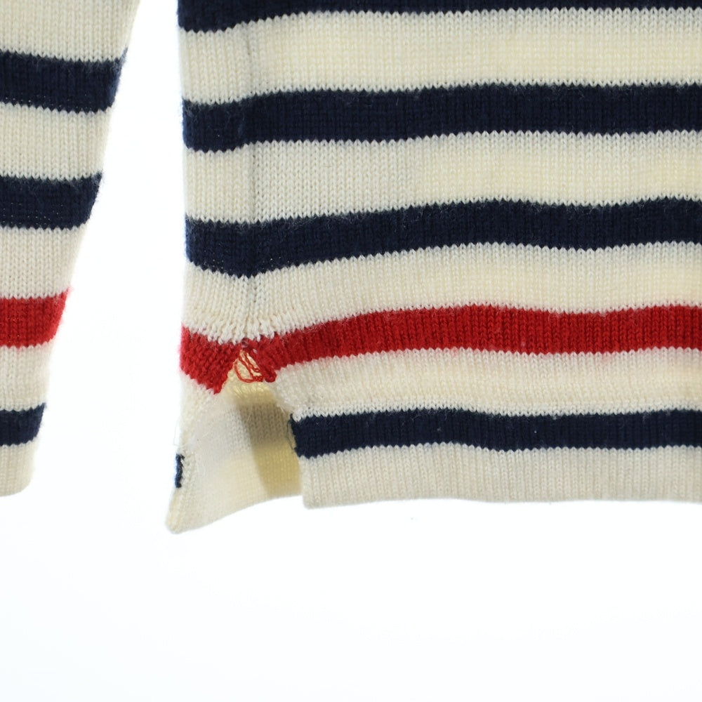 BURBERRY BLACK LABEL(バーバリー ブラックレーベル) ウール ボーダー ロゴ刺繍 ニット セーター ホワイト/ネイビー D1N08-807-02