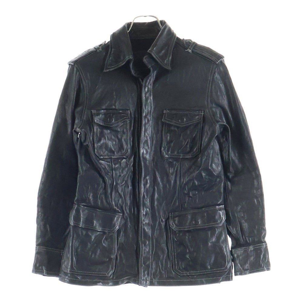 ISAMU KATAYAMA BACKLASH(イサムカタヤマバックラッシュ) カウレザー ジップアップ シングルライダースジャケット レオパードライナー 製品染め ブラック