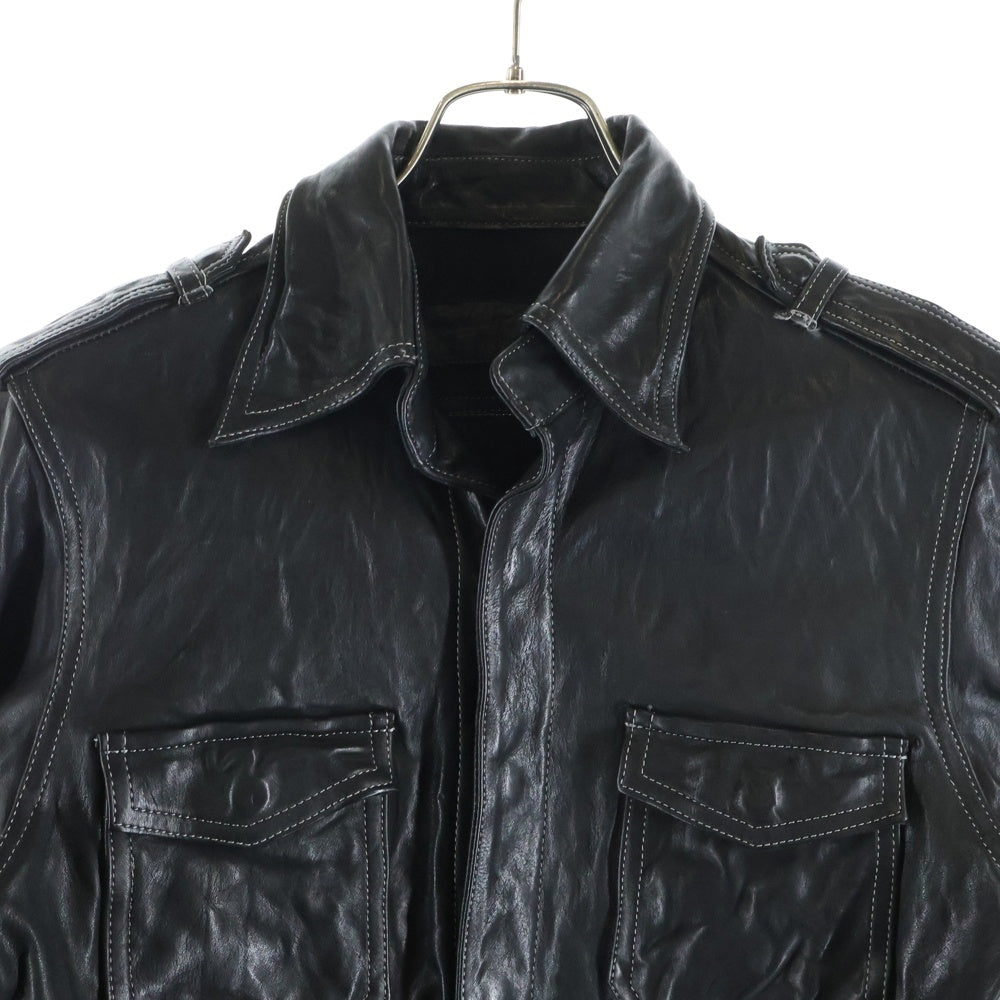 ISAMU KATAYAMA BACKLASH(イサムカタヤマバックラッシュ) カウレザー ジップアップ シングルライダースジャケット レオパードライナー 製品染め ブラック