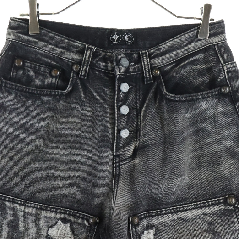 THUG CLUB(サグクラブ) DOUBLE KNEE DAMAGE SHORTSダブルニー ダメージ加工デニムハーフパンツ ショーツ ブラック