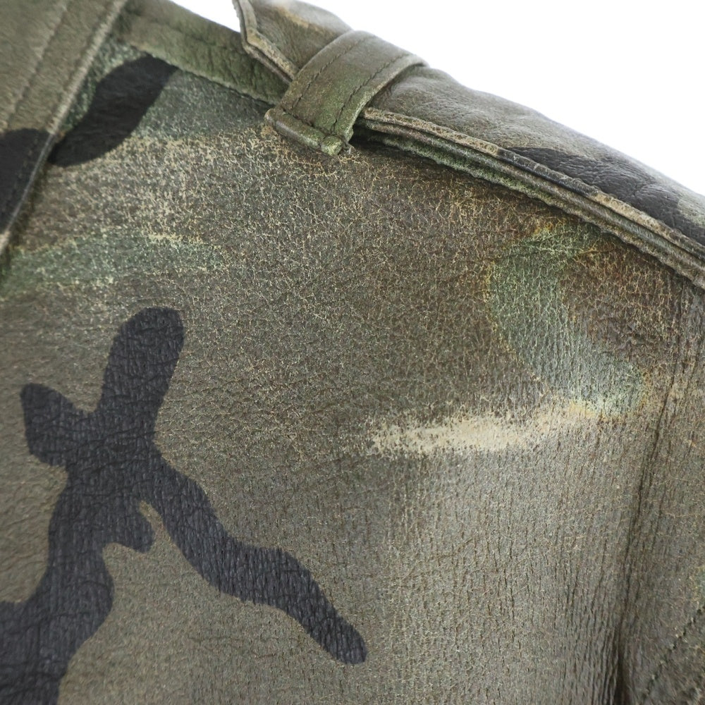 ISAMU KATAYAMA BACKLASH(イサムカタヤマバックラッシュ) PIG LEATHER ピッグレザー ミリタリーシャツジャケット カモ柄 グリーン