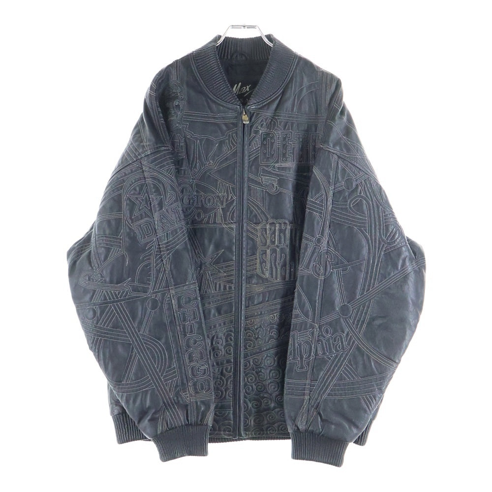 NO BRAND(ノーブランド) MAX U.S.A イタリアンレザー 総柄刺繍 バーシティー レザージャケット ブラック