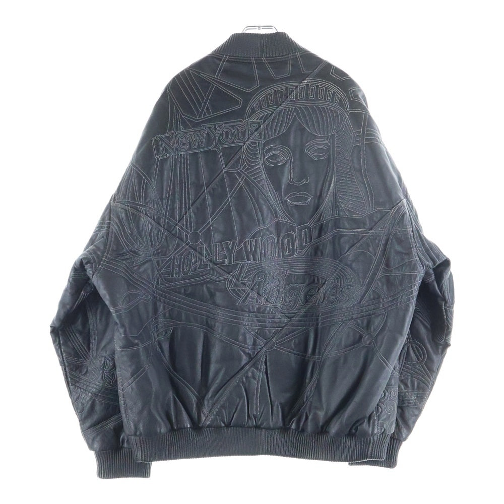 NO BRAND(ノーブランド) MAX U.S.A イタリアンレザー 総柄刺繍 バーシティー レザージャケット ブラック