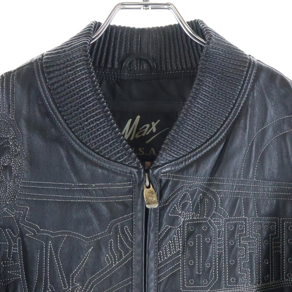 NO BRAND(ノーブランド) MAX U.S.A イタリアンレザー 総柄刺繍 バーシティー レザージャケット ブラック