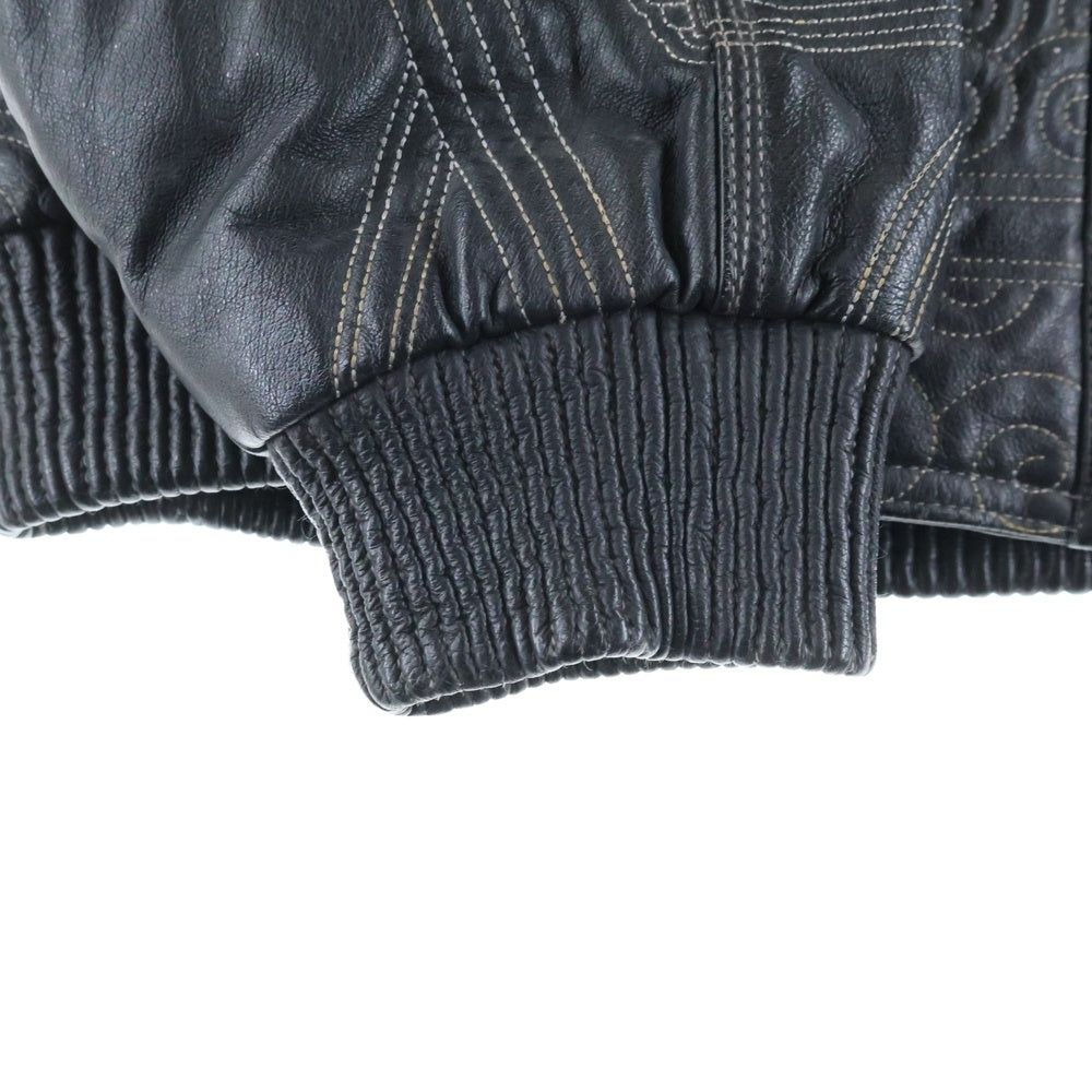 NO BRAND(ノーブランド) MAX U.S.A イタリアンレザー 総柄刺繍 バーシティー レザージャケット ブラック