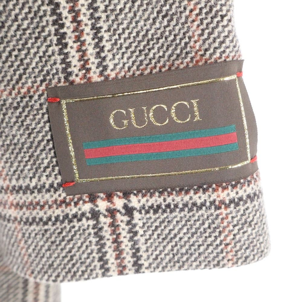 GUCCI(グッチ) ウール チェック柄 ノーカラーロングコート ブラウン 694274