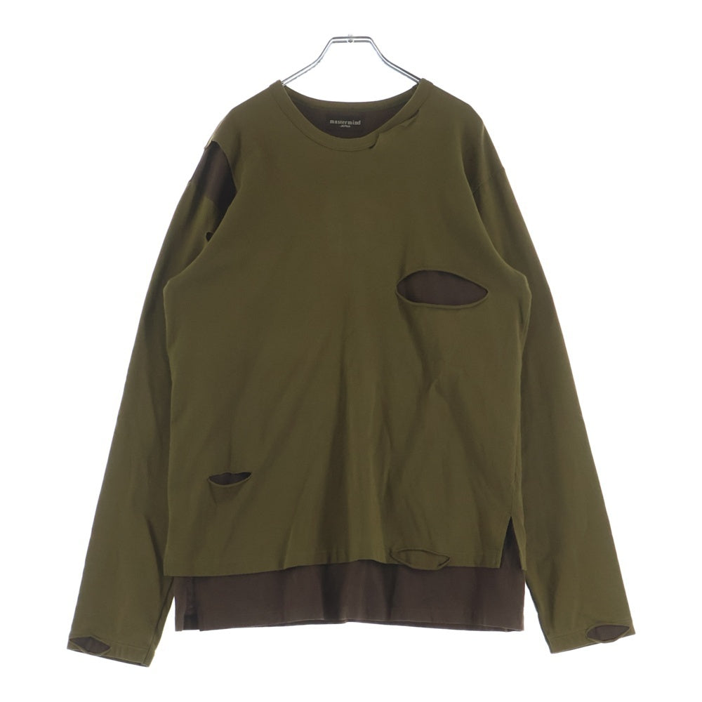 mastermind JAPAN(マスターマインドジャパン) Layard L/S Tee レイヤードロングスリーブTシャツ クルーネックダメージ加工長袖Tシャツ MA-TS6-01 ブラウン