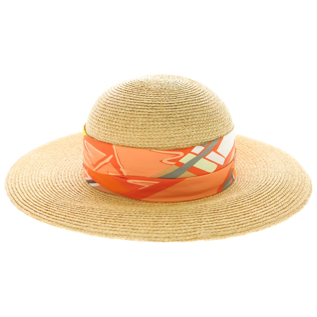 HERMES(エルメス) Straw Hat ストローハット カレ装飾ワイドブリムハット 帽子 オレンジ/ベージュ レディース