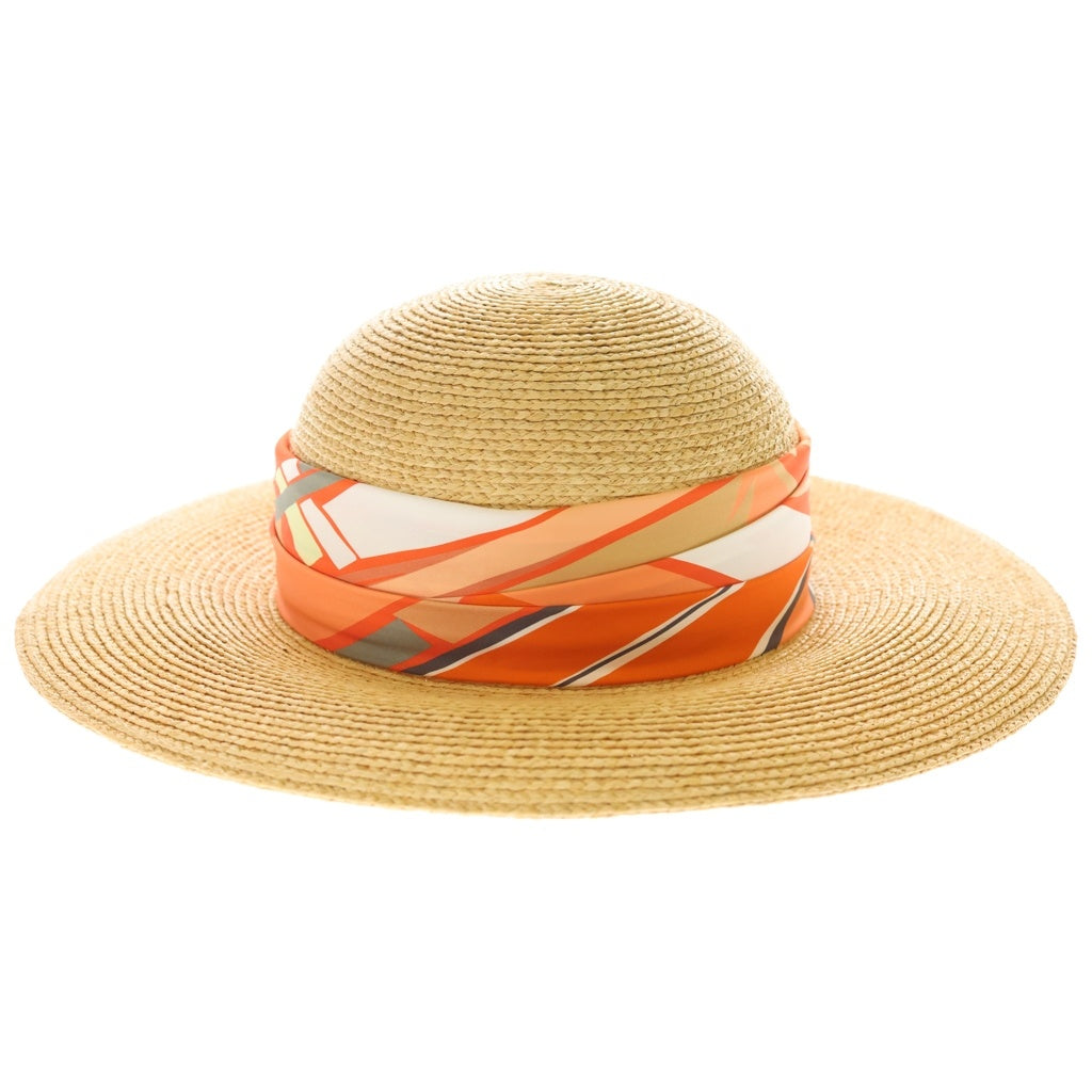 HERMES(エルメス) Straw Hat ストローハット カレ装飾ワイドブリムハット 帽子 オレンジ/ベージュ レディース