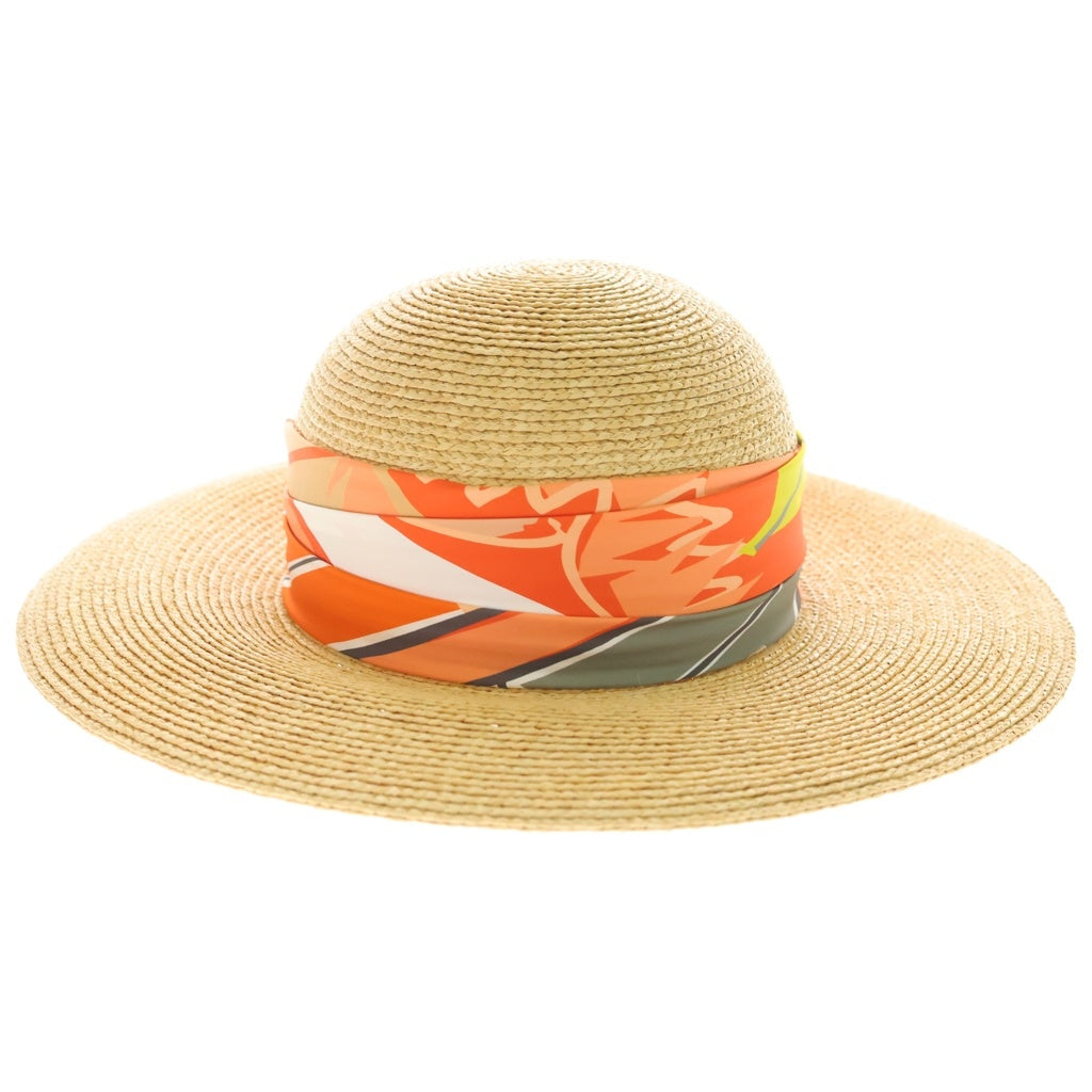 HERMES(エルメス) Straw Hat ストローハット カレ装飾ワイドブリムハット 帽子 オレンジ/ベージュ レディース
