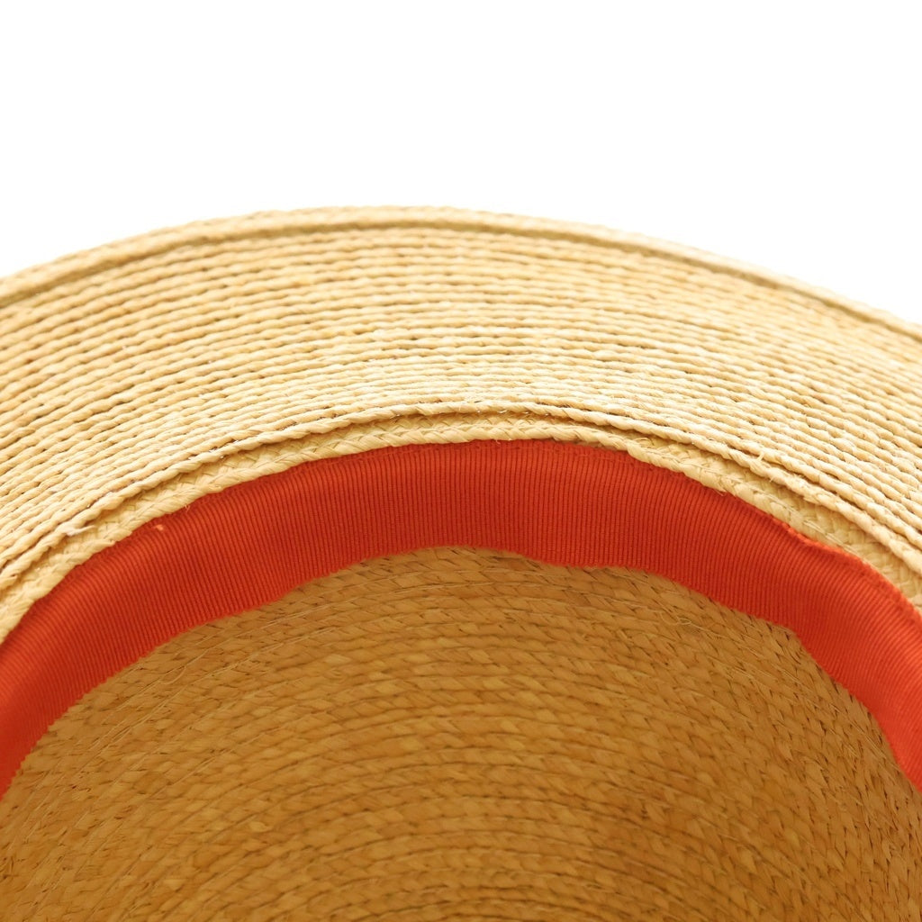 HERMES(エルメス) Straw Hat ストローハット カレ装飾ワイドブリムハット 帽子 オレンジ/ベージュ レディース