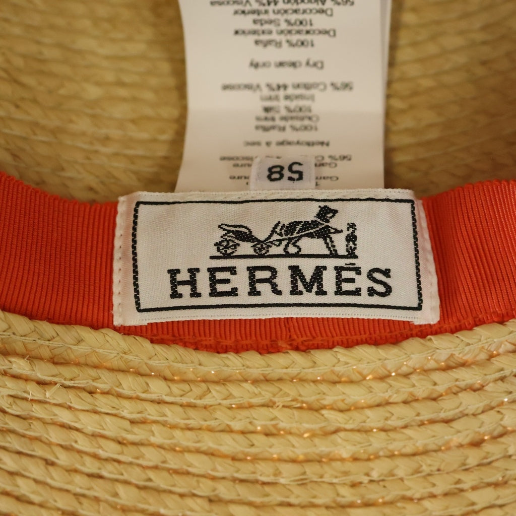 HERMES(エルメス) Straw Hat ストローハット カレ装飾ワイドブリムハット 帽子 オレンジ/ベージュ レディース