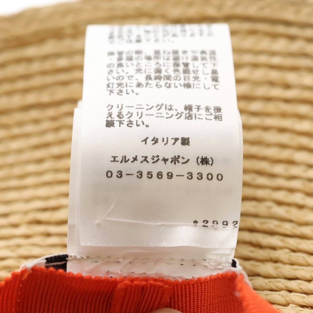HERMES(エルメス) Straw Hat ストローハット カレ装飾ワイドブリムハット 帽子 オレンジ/ベージュ レディース