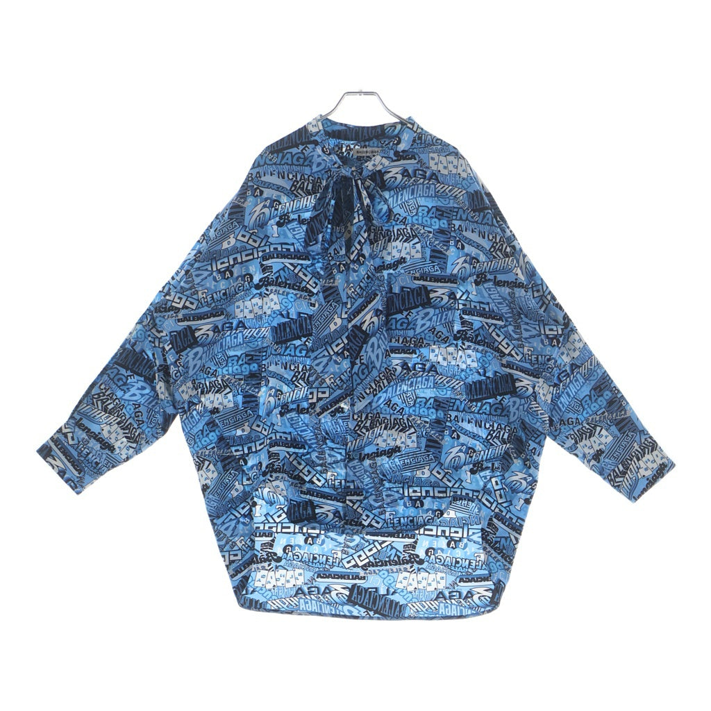BALENCIAGA(バレンシアガ) 19SS 総柄 ネックリボンデザイン シルク 長袖シャツ ブルー 571280