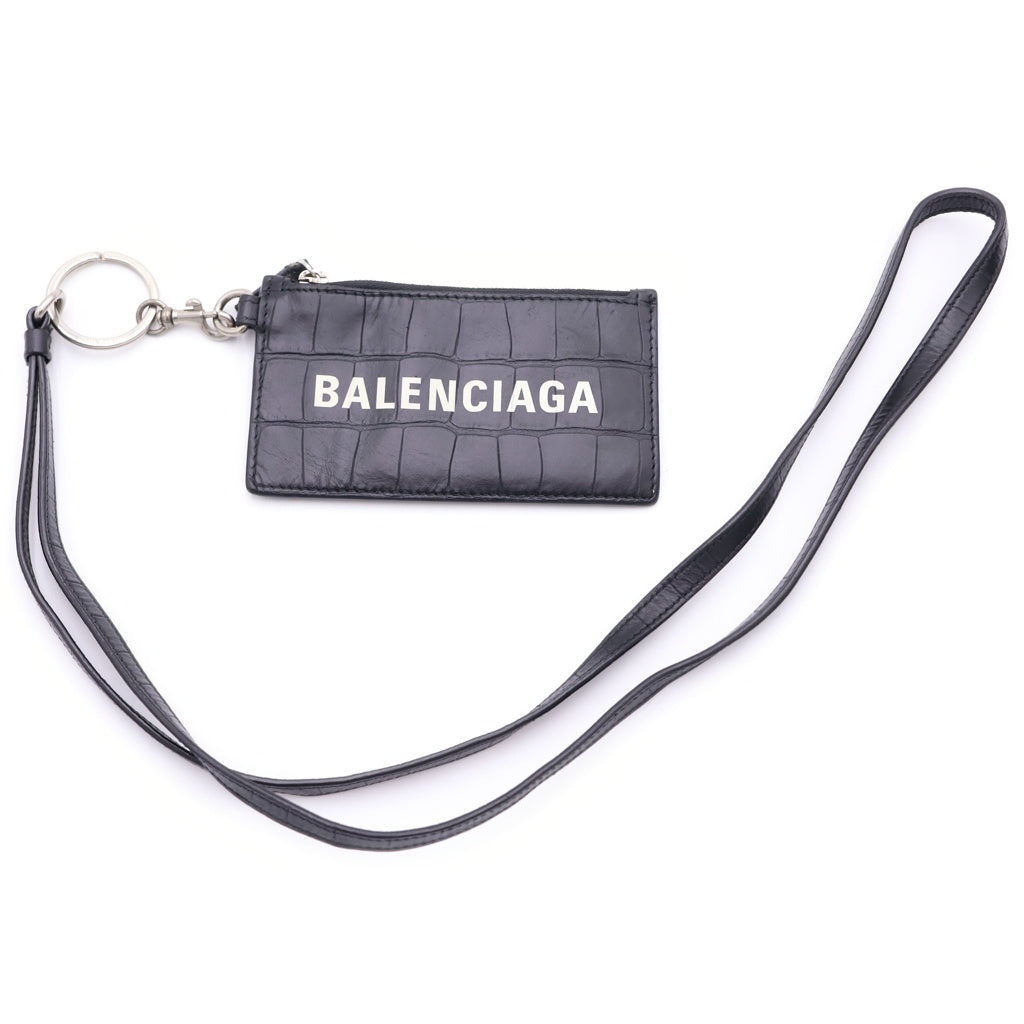 BALENCIAGA(バレンシアガ) クロコ型押し ネックストラップ付き カードケース ブラック 594548