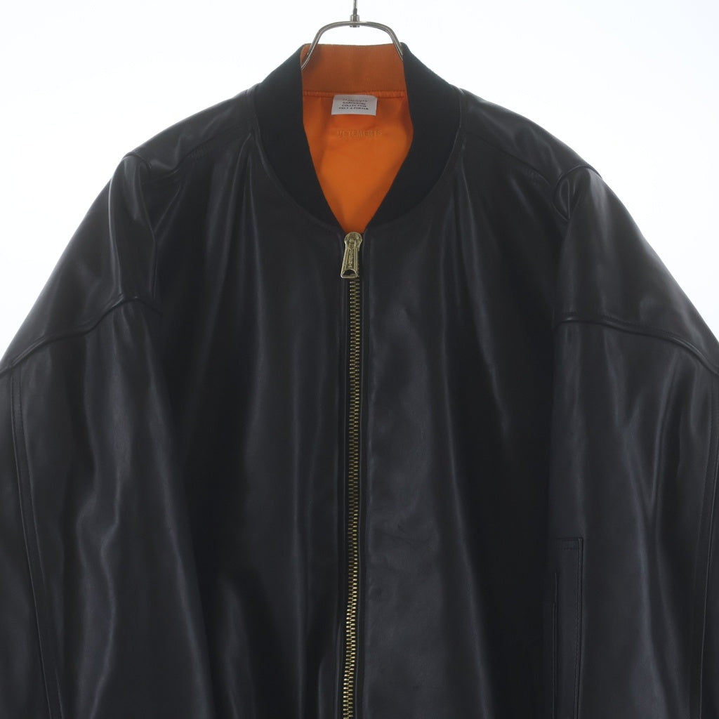 VETEMENTS(ヴェトモン) Leather Bomber Jacket レザーボンバージャケット カーフレザーオーバーサイズジップアップMA-1 UA66JA200B ブラック