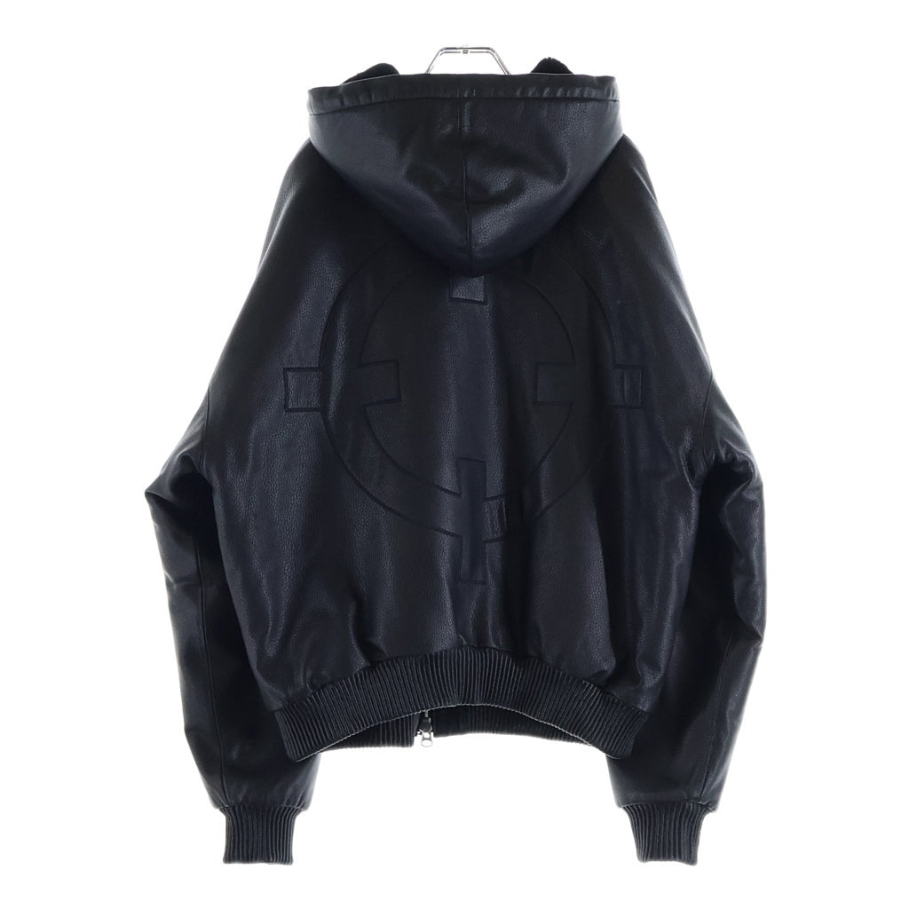 NO BRAND(ノーブランド) NIK KOSMAS ニックコスマス Leather Hooded Bomber Jacket レザーフーデットボンバージャケット ロゴ刺繍ジップアップレザージャケット ブラック
