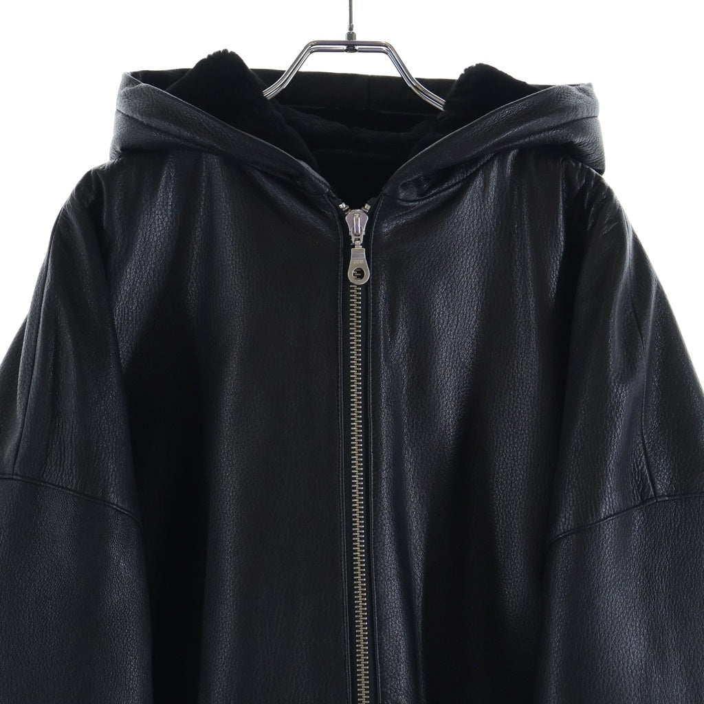 NO BRAND(ノーブランド) NIK KOSMAS ニックコスマス Leather Hooded Bomber Jacket レザーフーデットボンバージャケット ロゴ刺繍ジップアップレザージャケット ブラック