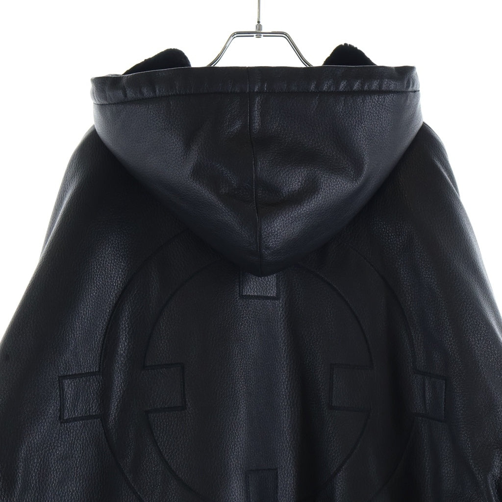 NO BRAND(ノーブランド) NIK KOSMAS ニックコスマス Leather Hooded Bomber Jacket レザーフーデットボンバージャケット ロゴ刺繍ジップアップレザージャケット ブラック