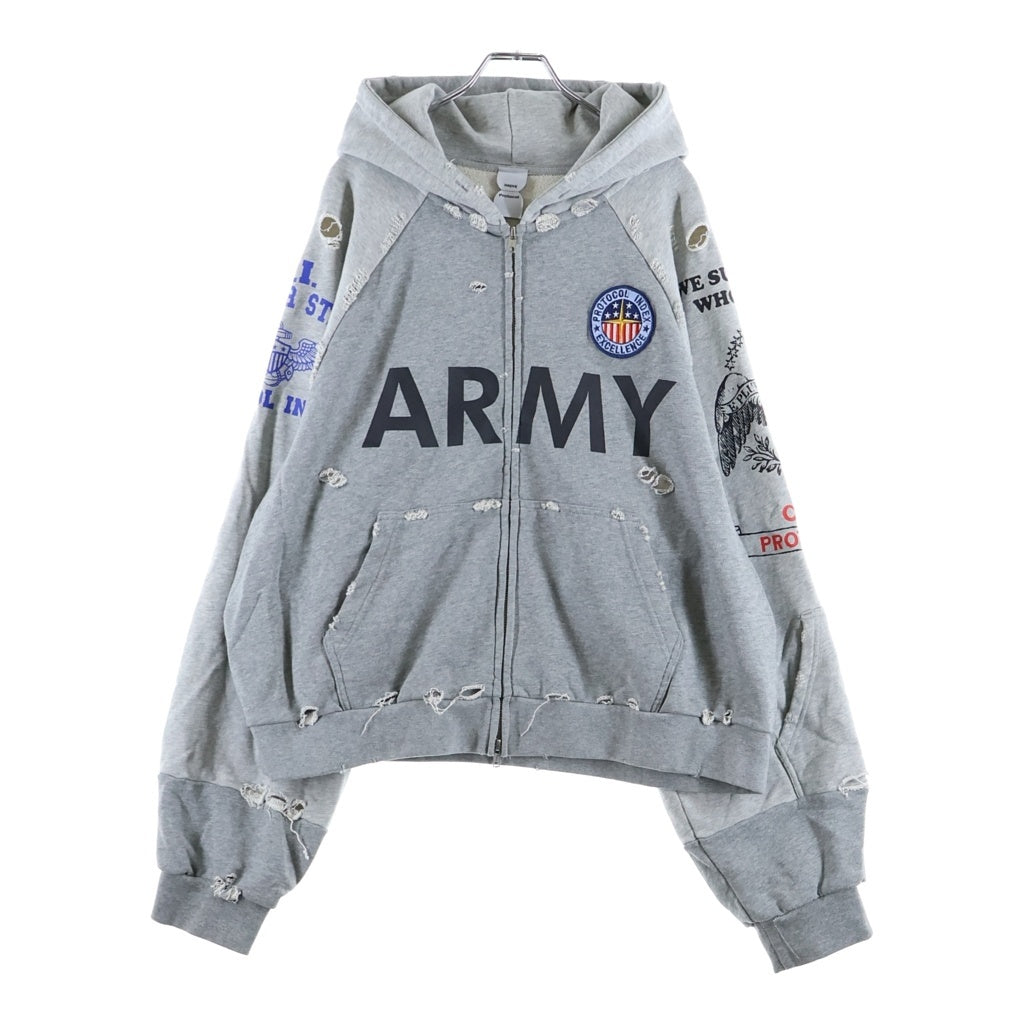 NO BRAND(ノーブランド) Protocol Index(プロトコル インデックス) Reconstructed Sweatshirts Zip Hoodie protoword ダメージ加工 プリント ジップアップ パーカー グレー