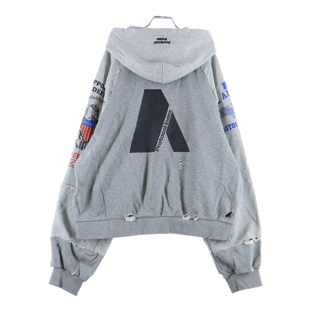 NO BRAND(ノーブランド) Protocol Index(プロトコル インデックス) Reconstructed Sweatshirts Zip Hoodie protoword ダメージ加工 プリント ジップアップ パーカー グレー