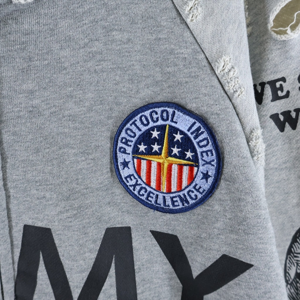 NO BRAND(ノーブランド) Protocol Index(プロトコル インデックス) Reconstructed Sweatshirts Zip Hoodie protoword ダメージ加工 プリント ジップアップ パーカー グレー