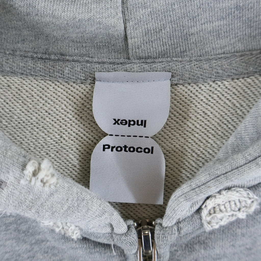 NO BRAND(ノーブランド) Protocol Index(プロトコル インデックス) Reconstructed Sweatshirts Zip Hoodie protoword ダメージ加工 プリント ジップアップ パーカー グレー