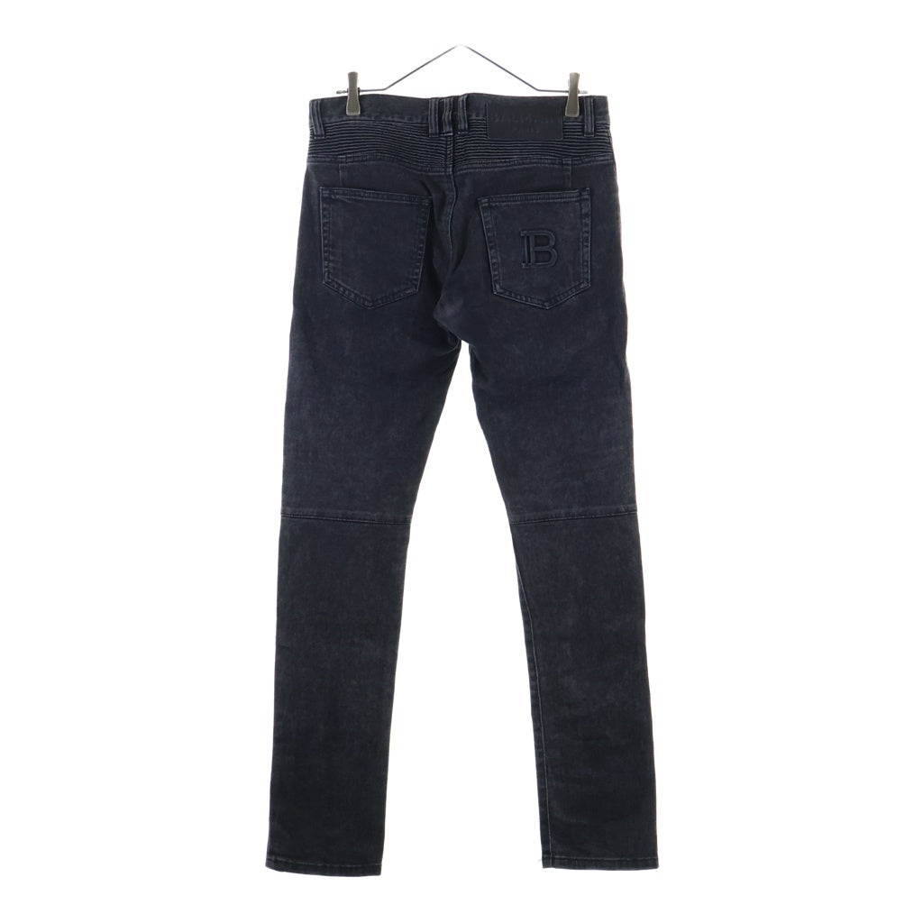 BALMAIN(バルマン) Slim Fit Biker Denim スリムフィットバイカーデニム エンボスロゴ蛇腹切替ボタンフライスキニーデニムジーンズ ブラック MG065DB67