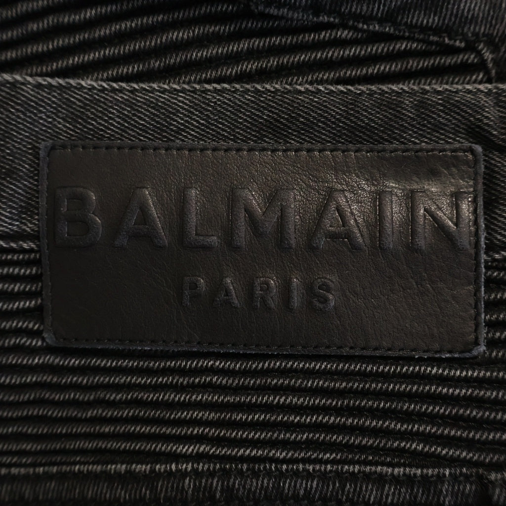 BALMAIN(バルマン) Slim Fit Biker Denim スリムフィットバイカーデニム エンボスロゴ蛇腹切替ボタンフライスキニーデニムジーンズ ブラック MG065DB67