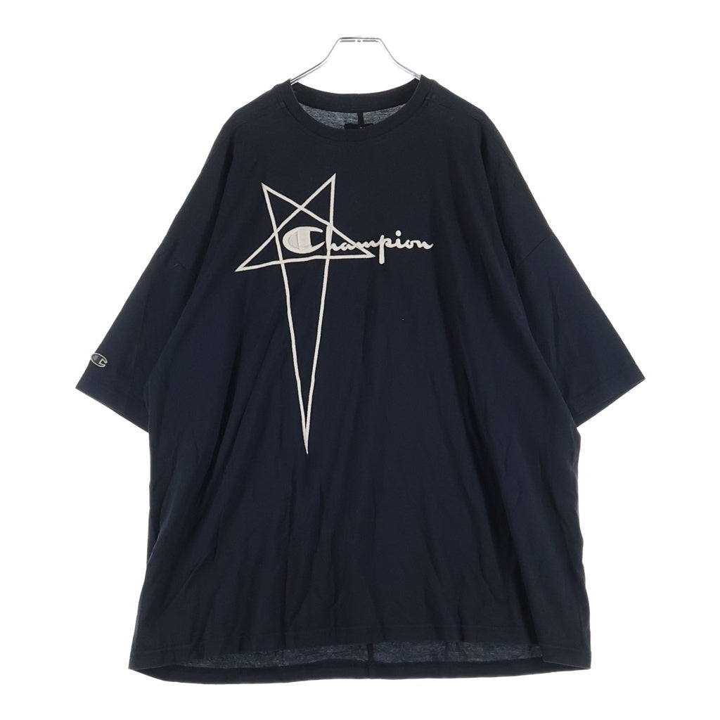 Rick Owens(リックオウエンス) 23AW ×Champion Logo Embroidered Tommy T-Shirt ロゴエンブロイデッドトミーTシャツ ロゴ刺繍クルーネックオーバーサイズ半袖Tシャツ CM02C9229-CHJEG ブラック
