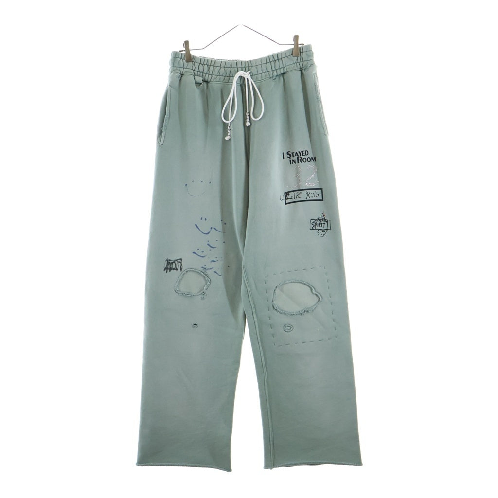 Paly Hollywood(パリーハリウッド) Alta Cienega Sweat Pants アルタシェネガスウェットパンツ ラインストーンロゴプリントダメージ加工スウェットロングパンツ ライトグリーン