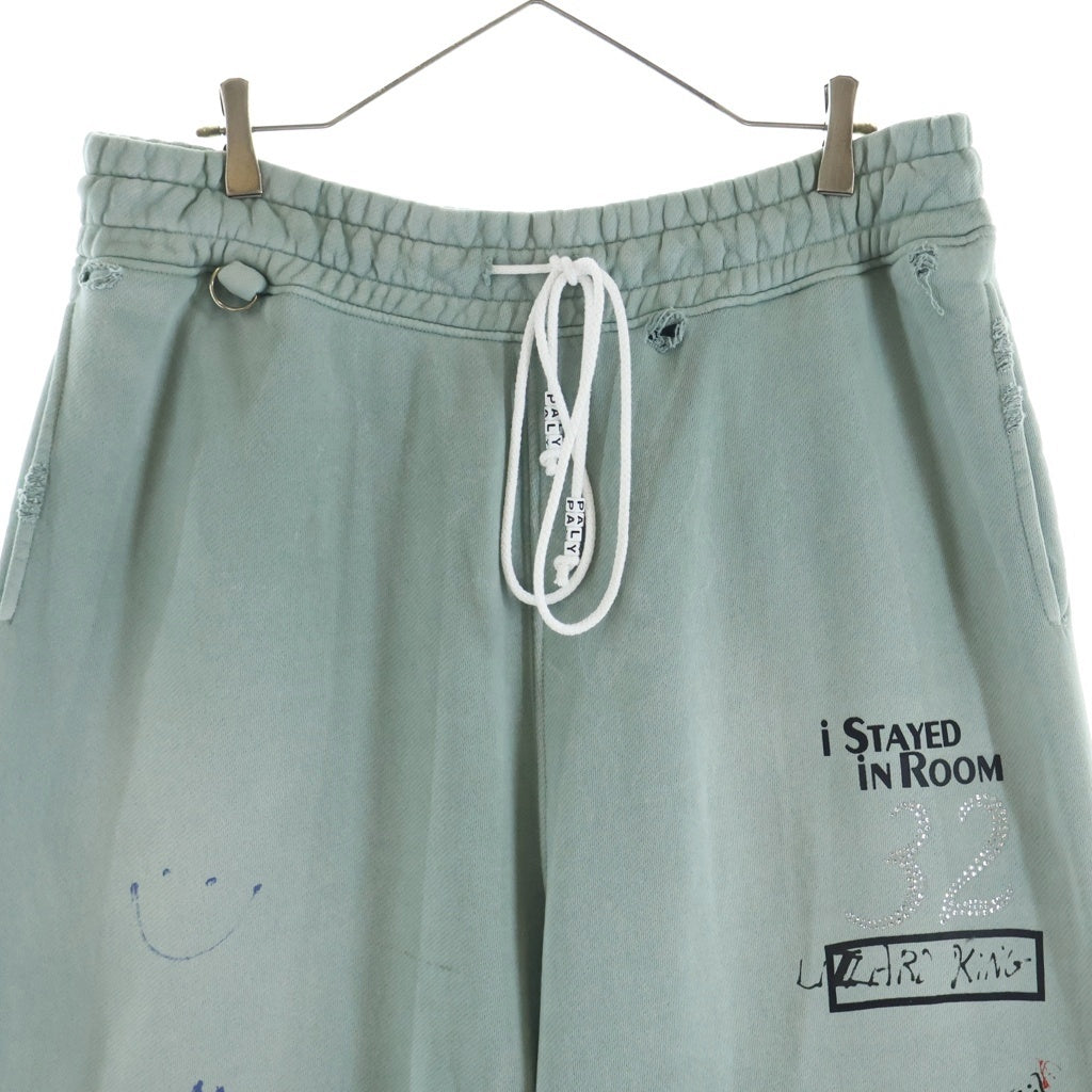 Paly Hollywood(パリーハリウッド) Alta Cienega Sweat Pants アルタシェネガスウェットパンツ ラインストーンロゴプリントダメージ加工スウェットロングパンツ ライトグリーン