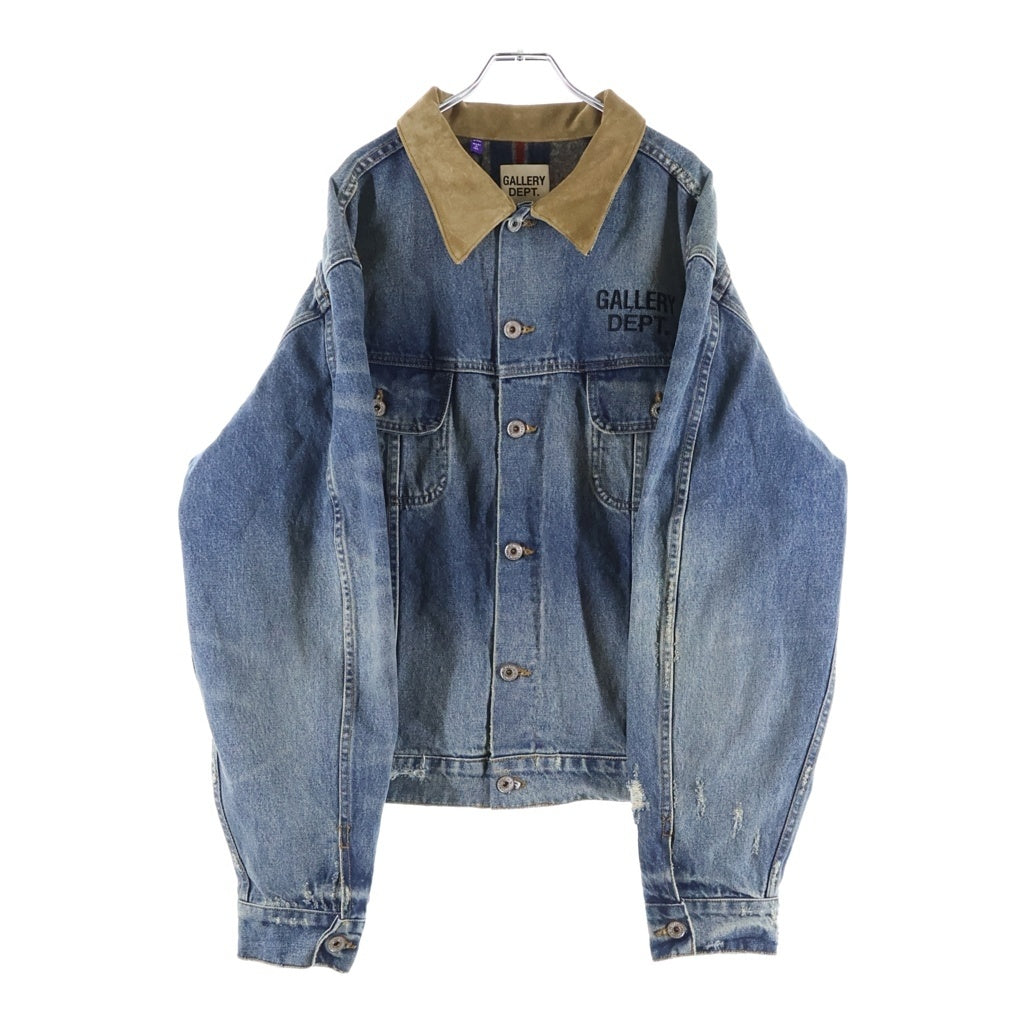 GALLERY DEPT.(ギャラリーデプト) Santa Fe Flannel Denim Trucker Jacket サンタフェ フランネルデニムトラッカージャケット ロゴ刺繍スエードカラーダメージ加工デニムジャケット インディゴ