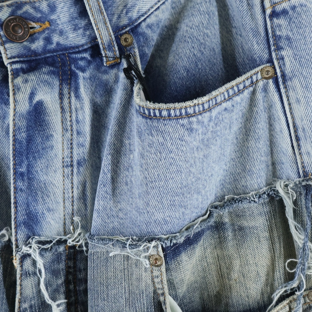 BALENCIAGA(バレンシアガ) 24AW Cut-Up Baggy Jeans Iced/Stained カットアップバギージーンズ アイスド/ステインド ドッキングワイドデニムパンツ インディゴ/ブルー 805094 TRW90
