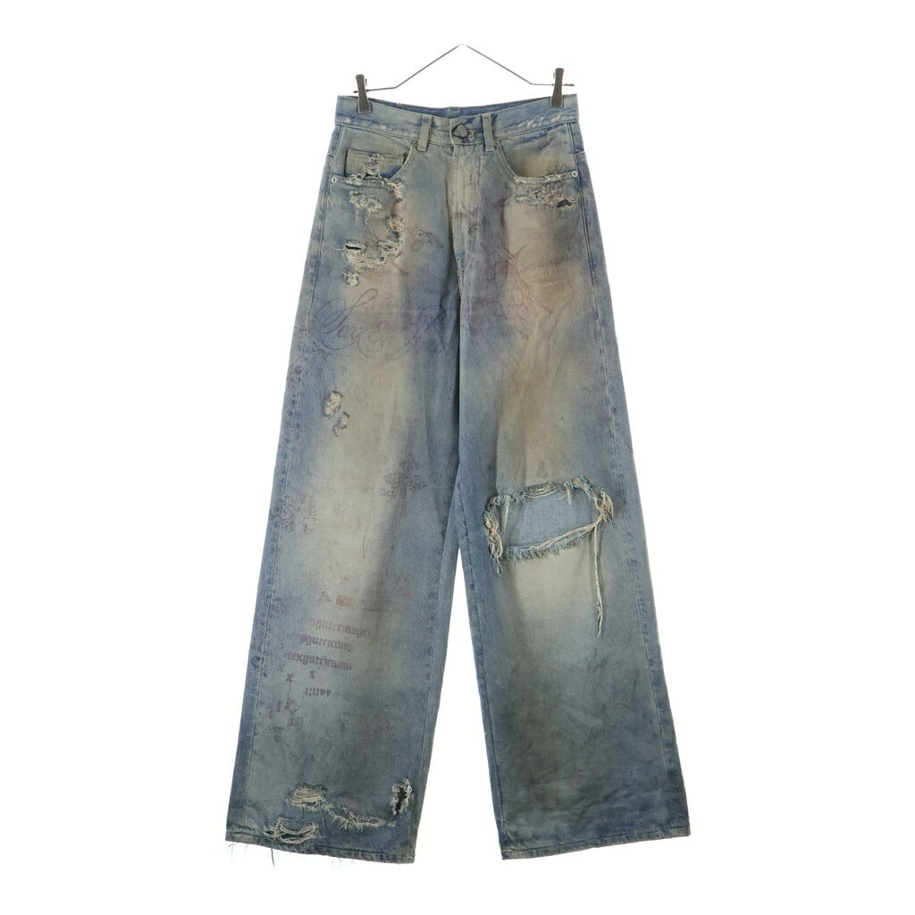 Lildenimjean(リルデニムジーン) TATTOO JEANS 総柄 ダメージ加工 ワイド デニムパンツ インディゴ