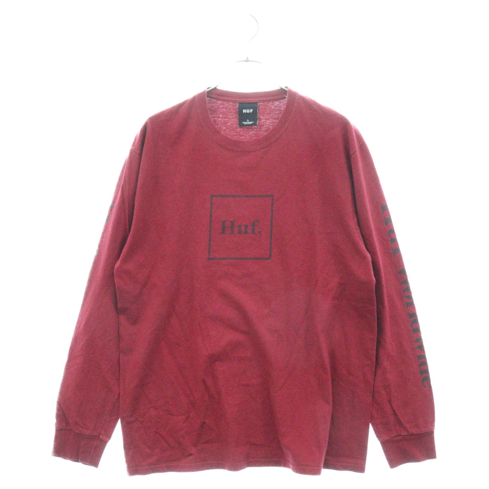HUF(ハフ) ボックスロゴプリント 長袖 クルーネック Tシャツ レッド