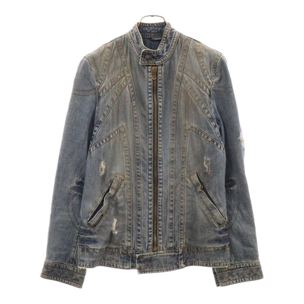 DOLCE & GABBANA(ドルチェアンドガッバーナ) シングルライダース ジップアップ デニムジャケット ダメージ加工 インディゴ