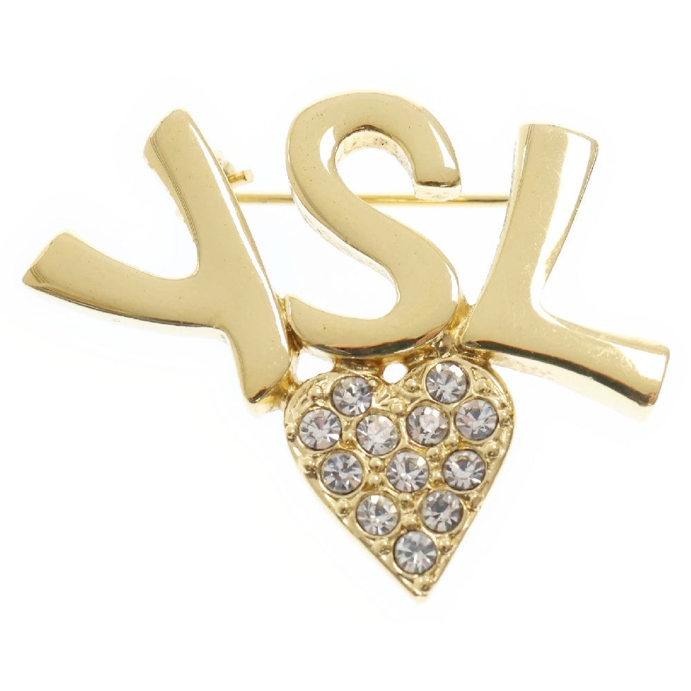 YVES SAINT LAURENT(イヴサンローラン) YSLロゴ ラインストーン パヴェハートブローチ ゴールド