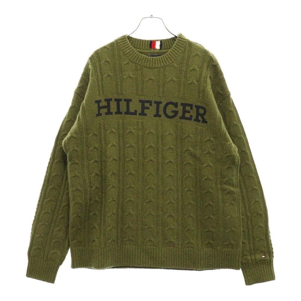 TOMMY HILFIGER(トミーヒルフィガー) CABLE MONOTYPE CREW NECK ケーブルモノタイプ フロントロゴ クルーネックニットセーター カーキ MW33082