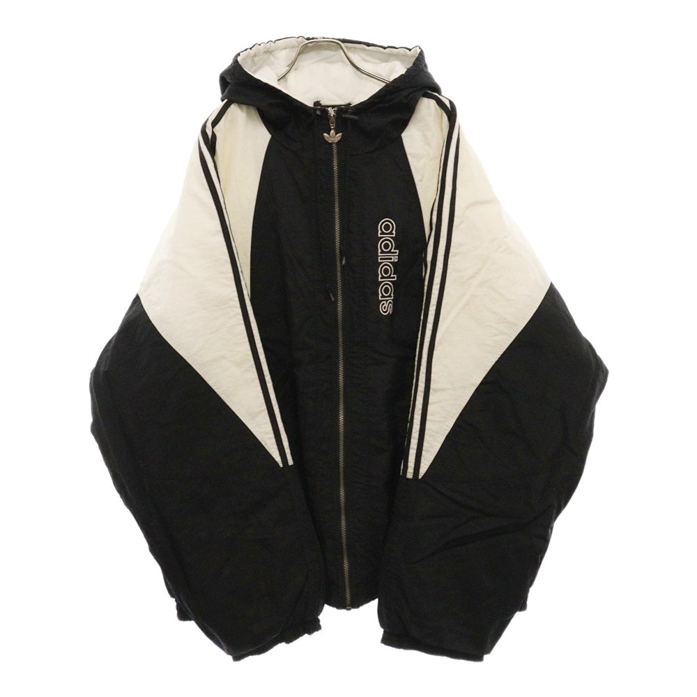 adidas(アディダス) 90s サイドストライプ 裏地キルティング ジップアップ 中綿ナイロンジャケット フーディー ブラック/ホワイト