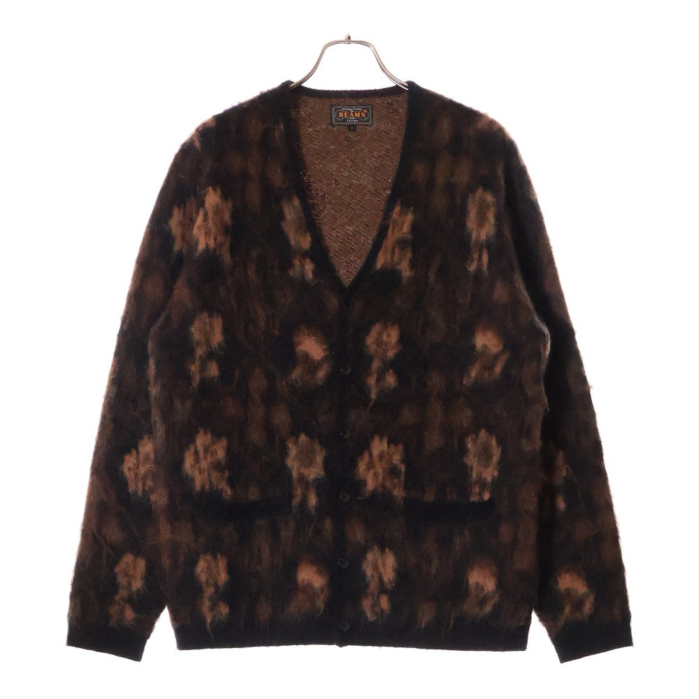 BEAMS(ビームス) Cardigan Double Jacquard Botanical Pattern レオパード 総柄 モヘアニット カーディガン ブラウン 38-15-0214-048