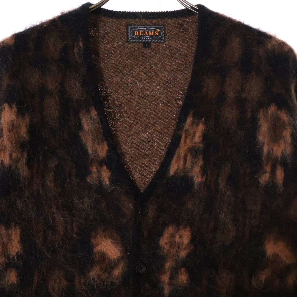 BEAMS(ビームス) Cardigan Double Jacquard Botanical Pattern レオパード 総柄 モヘアニット カーディガン ブラウン 38-15-0214-048