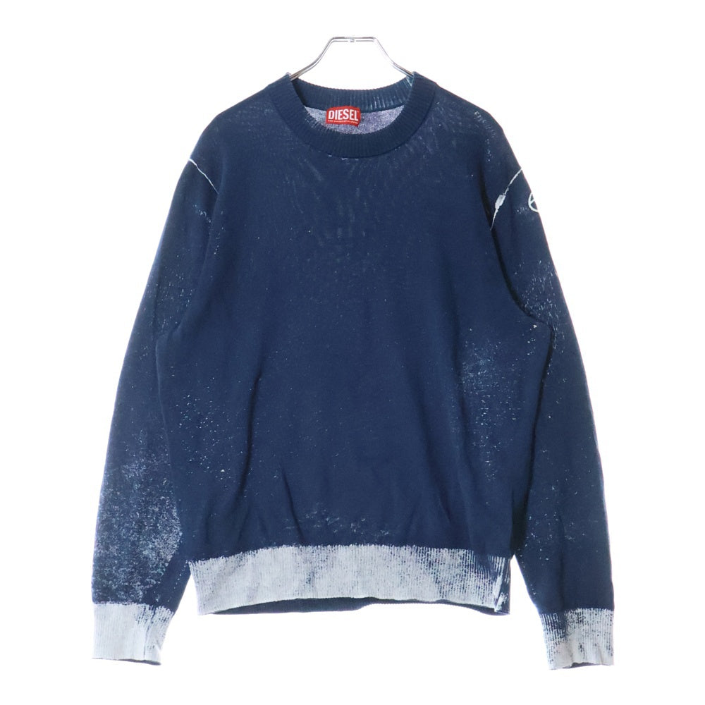 DIESEL(ディーゼル) 24SS K-LARENCE-B ブリーチ加工 クルーネック ニット セーター ネイビー/ホワイト A11187